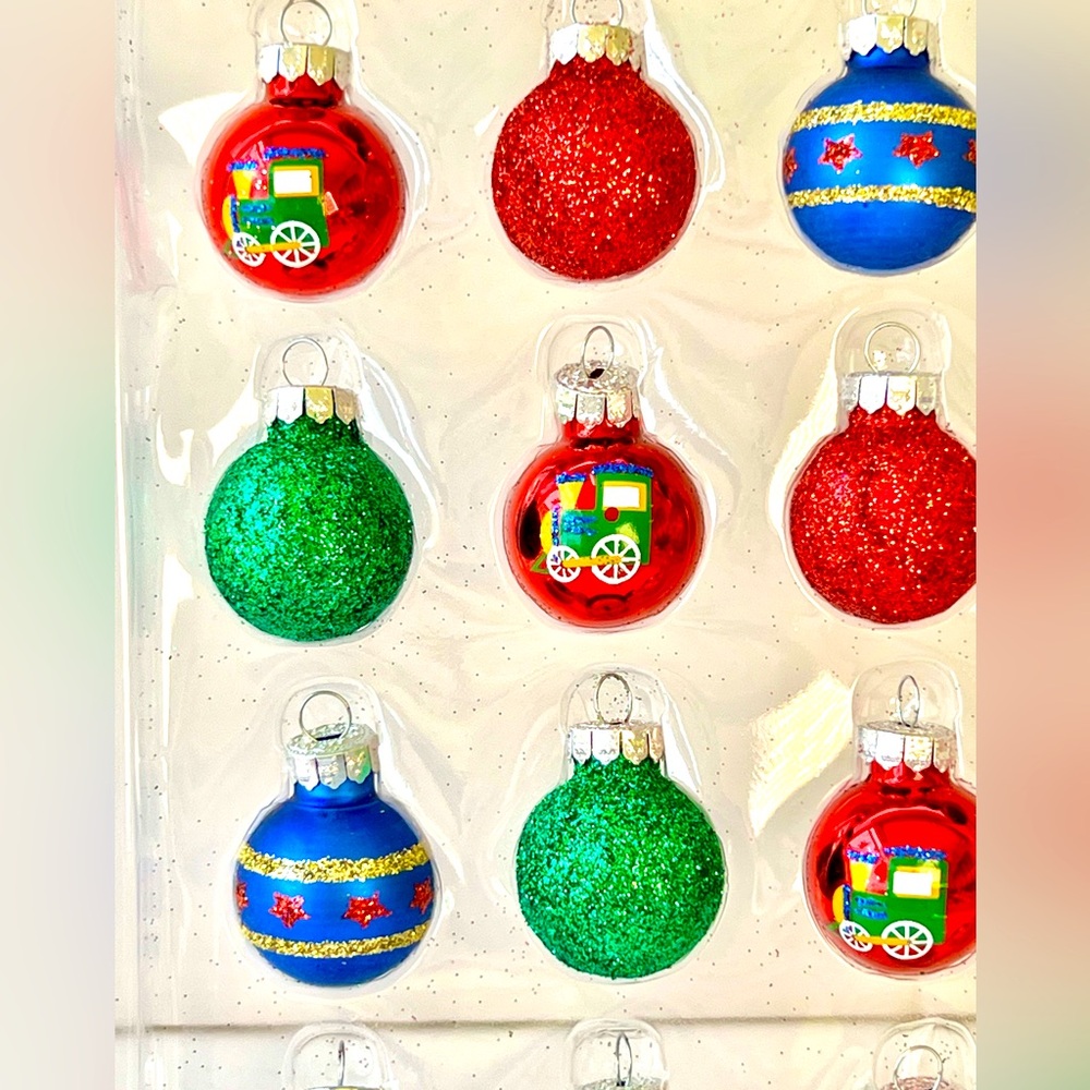20 Mini Glass Christmas Ball Ornaments Toy Train Glitter Red Green Blue
